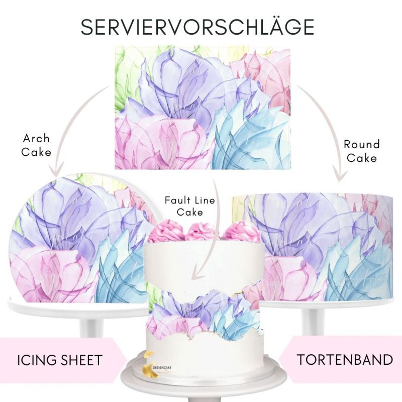 Serviervorschlag Tortenband Icing Sheet Bunte Aquarell Blumen